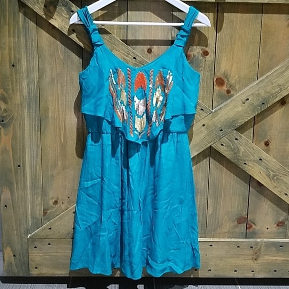TEAL SEQUINS NATIVE MINI DRESS TRIBAL COLORFUL COWGIRL SIZE SMALL - Picture 1 of 8